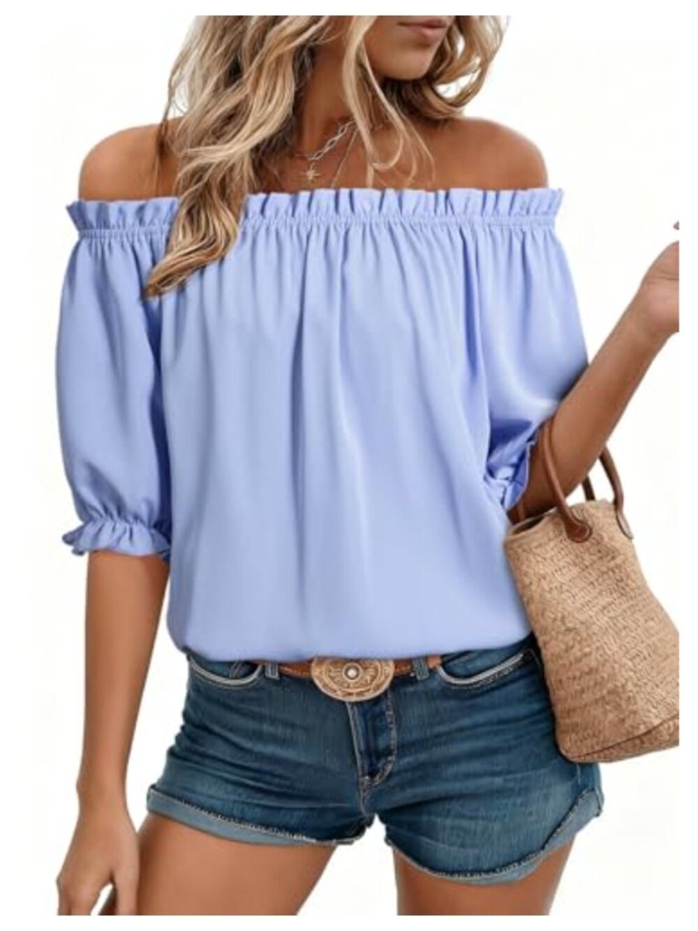 Off Shoulder Blouse Womens Dressy Casual Puff Sleeve Boat Neck Short Sleeve